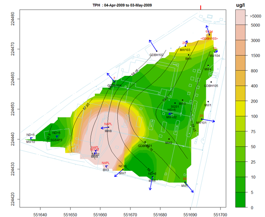 Screenshot of GWSDAT tool spatial trend visualization
